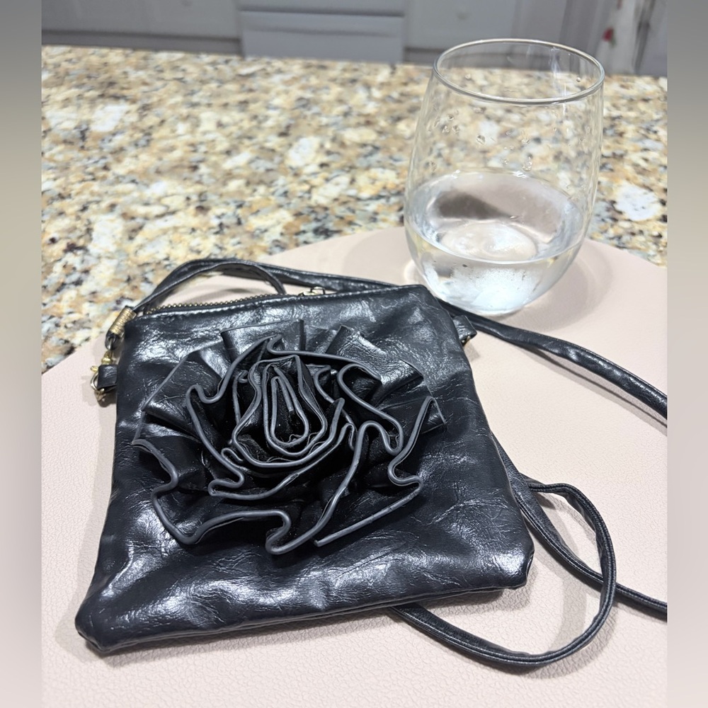 Black Floral Accent Crossbody Bag - Unbranded